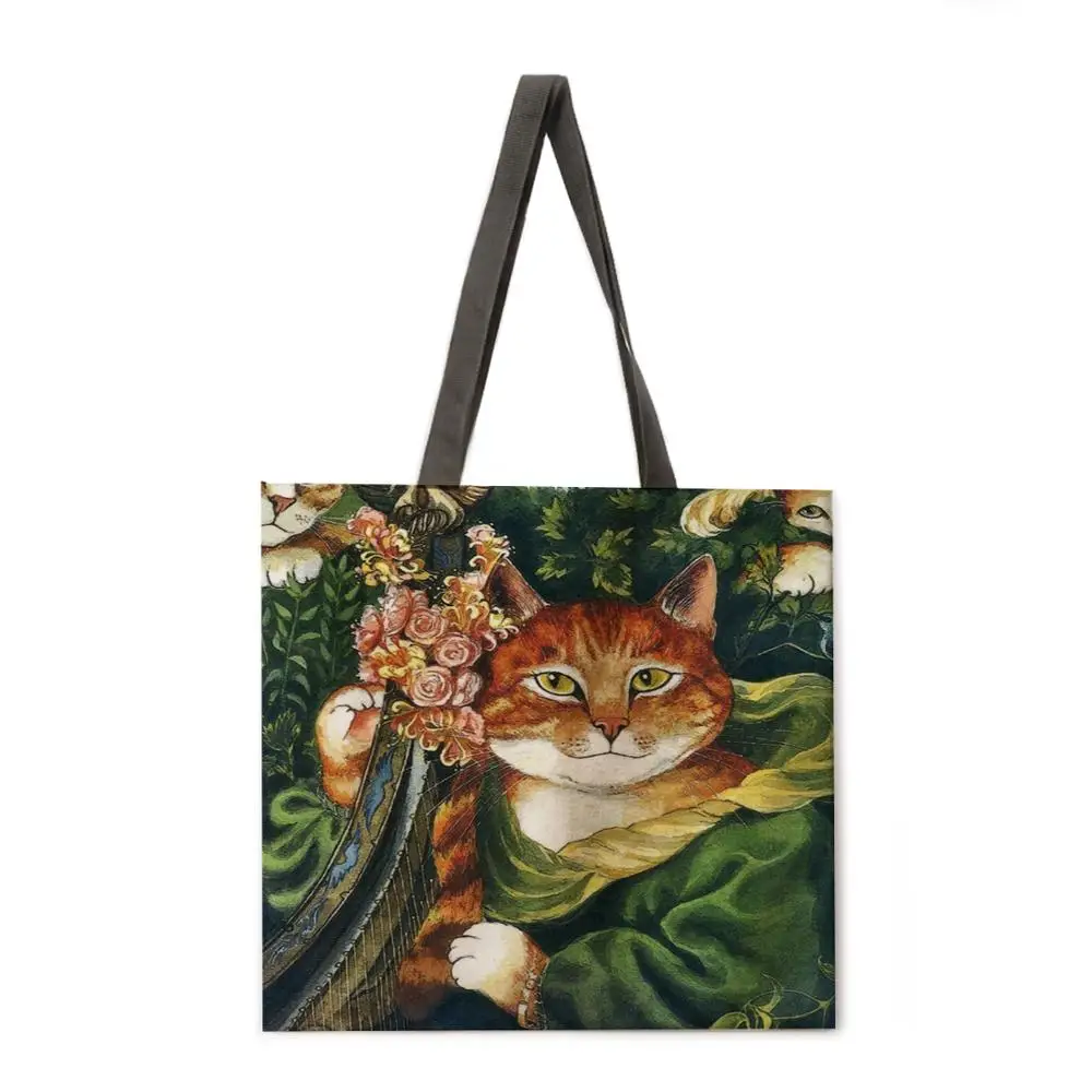 

Oil painting and cat ladies shoulder bag beach bag tote bag printing tote bag foldable shopping bag casual linen bag