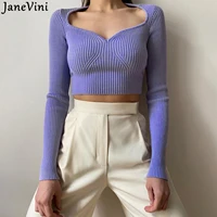 janevini 2021 spring autumn women pullovers high street style knitted sweaters sexy fashion long sleeve v neck short crop tops