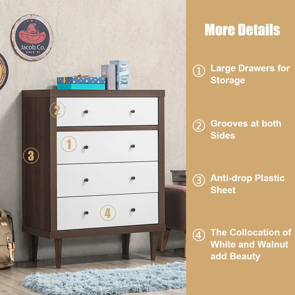 

Costway 4 Drawer Dresser Wood Chest of Drawers Storage Freestanding Cabinet Organizer