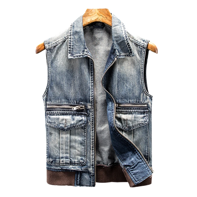 

Brand Vest Men Autumn Slim Fit Casual Biker Denim Tops Sleeveless Jacket Personality Streetwear Washed Zipper Cowboy Waistcoat