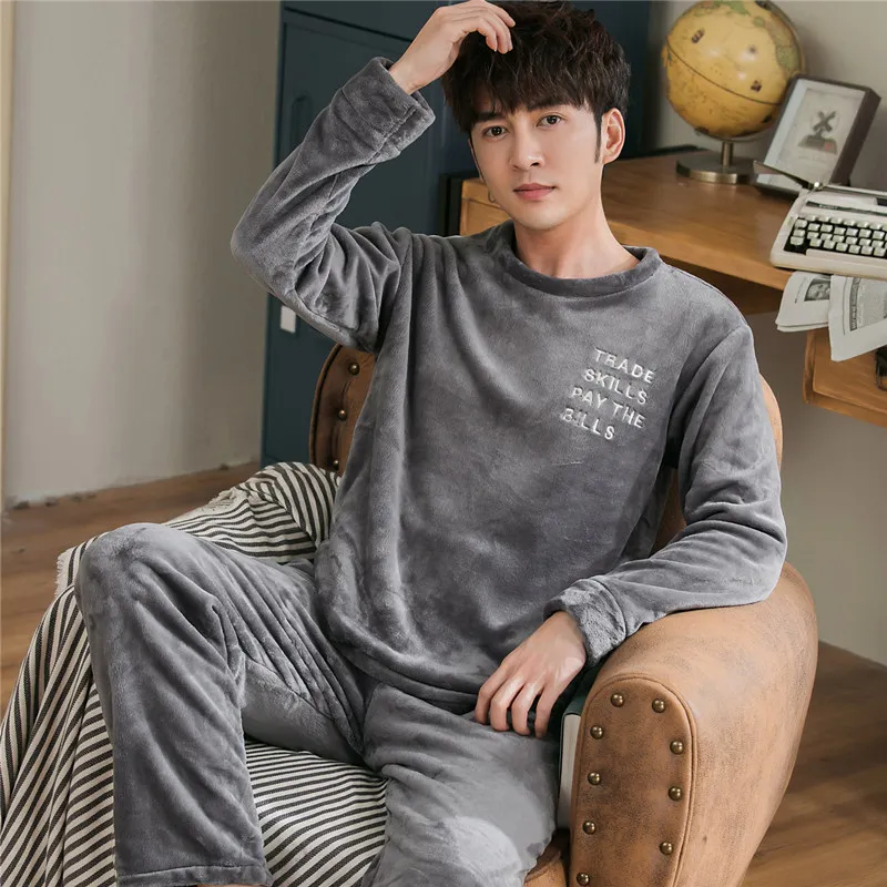 

Gray Flannel Striped Pajamas Suit Men Sleepwear Coral Fleece Home Clothing Autumn Winter New Sleep Set Nightwear Homewear
