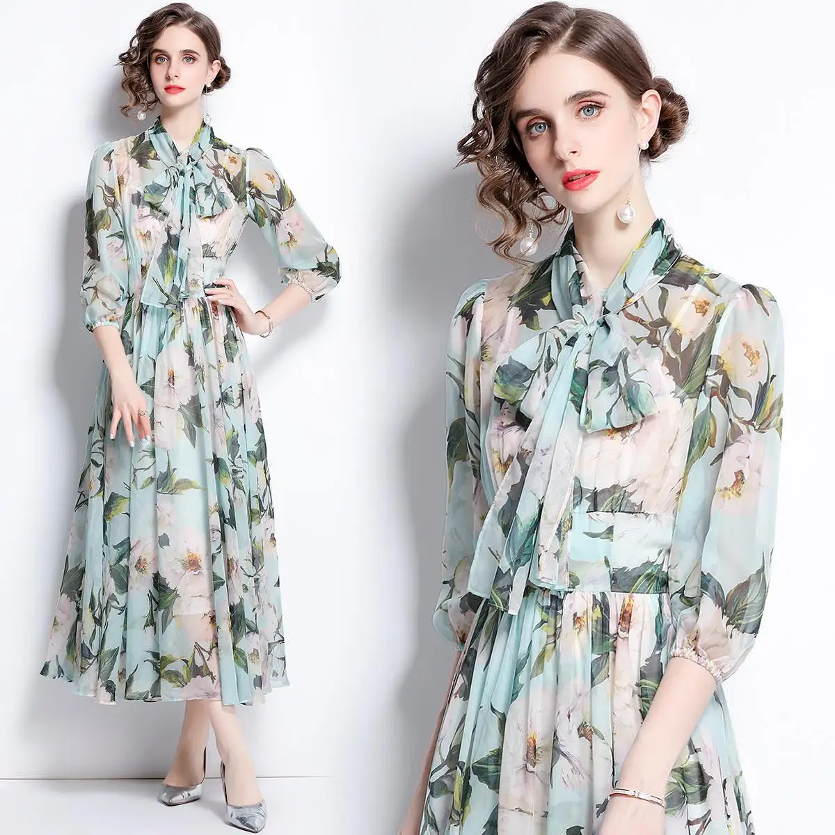 

Simgent Chiffon Beach Dress Summer Women Print A Line Elegant Midi Long Silk Dresses 2021 New Vestidos Robe Femme SG16181