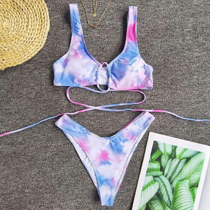 

European And American Women Split Bandage Swimsuit Tie Dye Printing Sexy Bikini Suit Straps Hollow Out Swimwear