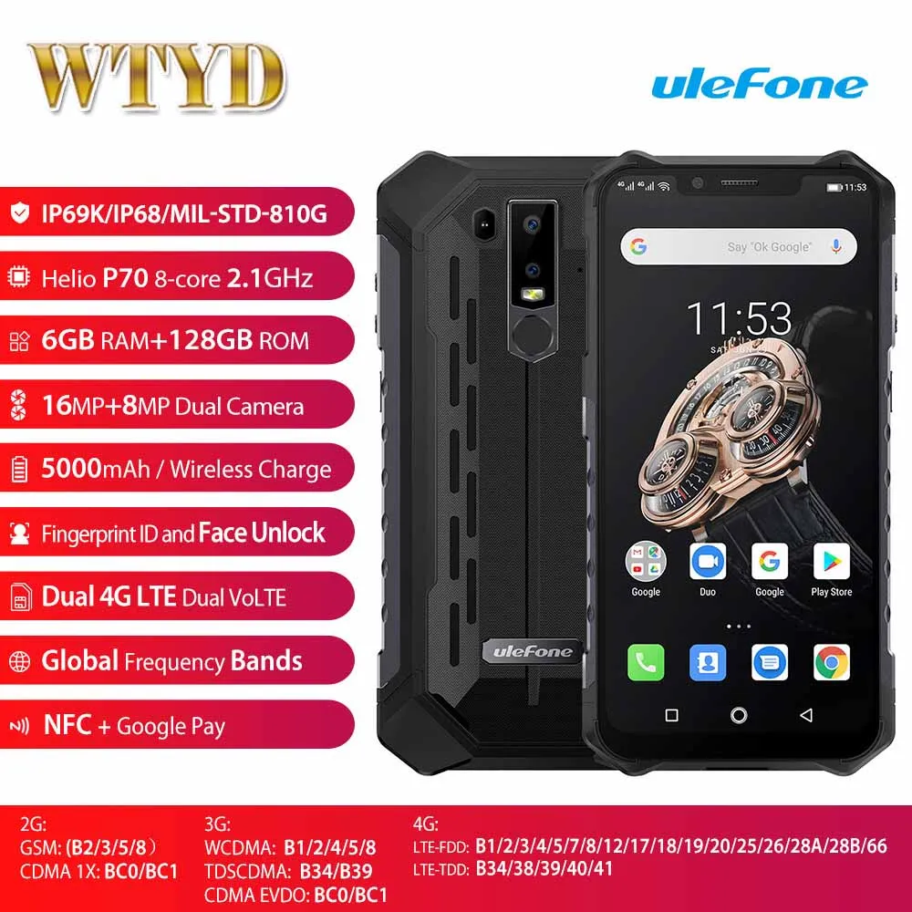 Ulefone Armor 6S IP68 Водонепроницаемый 4G мобильный телефон 6," 6 ГБ 128 ГБ Helio P70 Android 9,0 16MP 5000 мА-ч, беспроводное зарядное устройство смартфон