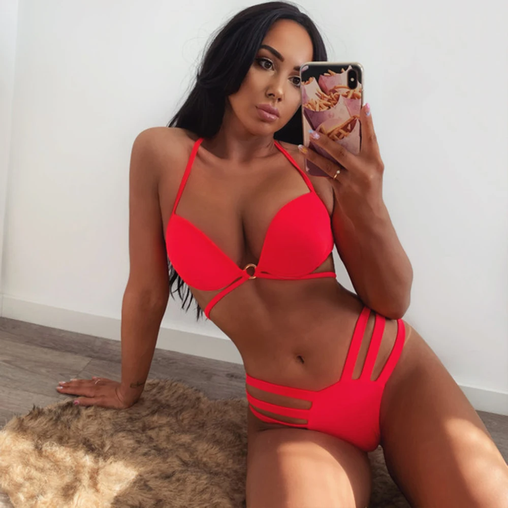 Красный бикини с эффектом пуш-ап женский купальник из двух частей черный