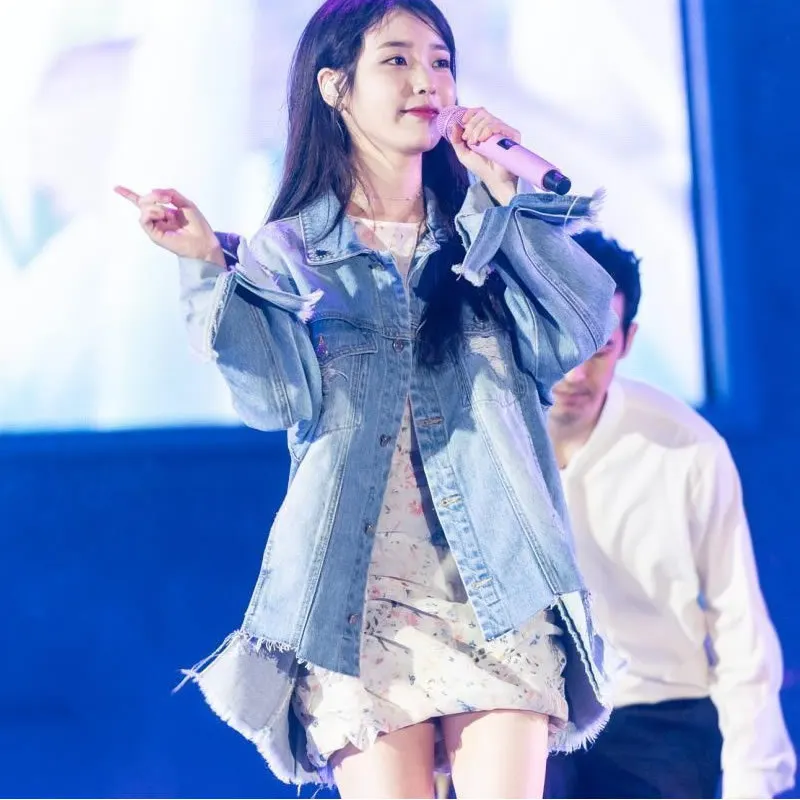Kpop IU Lee Ji Eun 2021 Осенняя теплая Корейская уличная синяя джинсовая куртка Женская