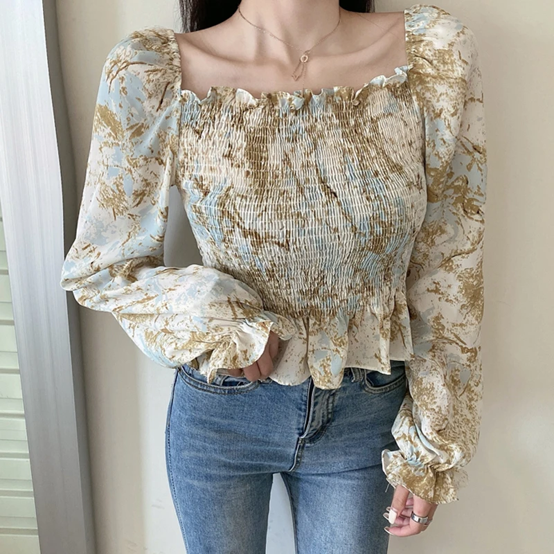 

Женская шифоновая блузка с длинным рукавом и цветочным принтом