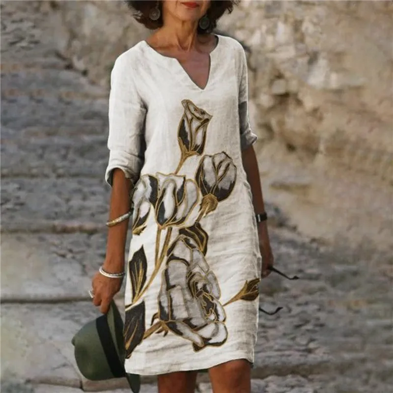 

2023 New Color Matching Printed Patchwork V-neck Loose Bamboo Retro Literary Round Neck Five-point Sleeve Dress