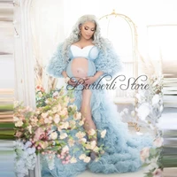 pretty sky blue fluffy tiered ruffrles maternity women dress see thru long robe to photo shoot lush sleeves pregant women dress