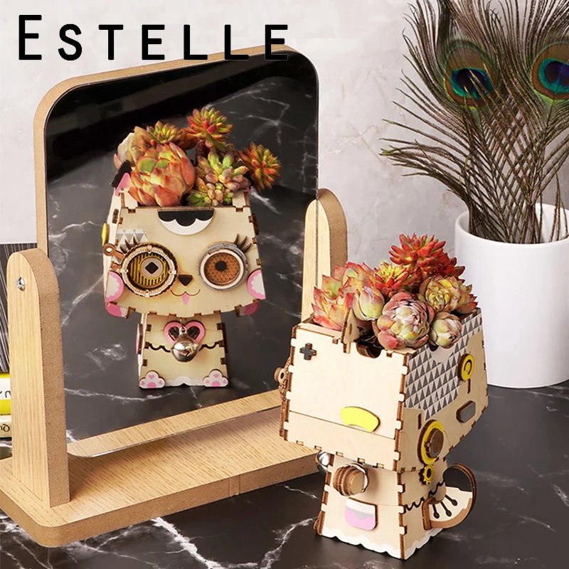 3D Деревянный робот игра головоломка Креативный цветочный горшок коробка для