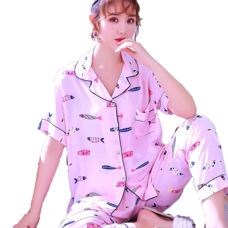 

Women Pajama Sets Turn-down Collar Short Sleeve Shirts + Pants 2 Piece Set Women Sleepwear Sexy Nightwear for Women Sleeping Set