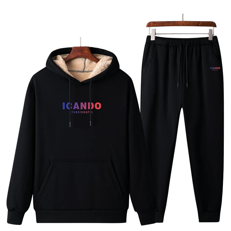 

2020 Winter Fleece the New black trend Keep warm Loose men's Casual sweatshirts tracksuit men sport suit