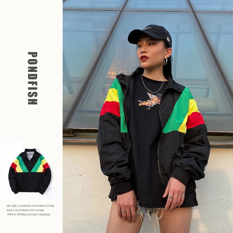Куртка в стиле ретро для мужчин и женщин цветной пуловер пэчворк спортивный