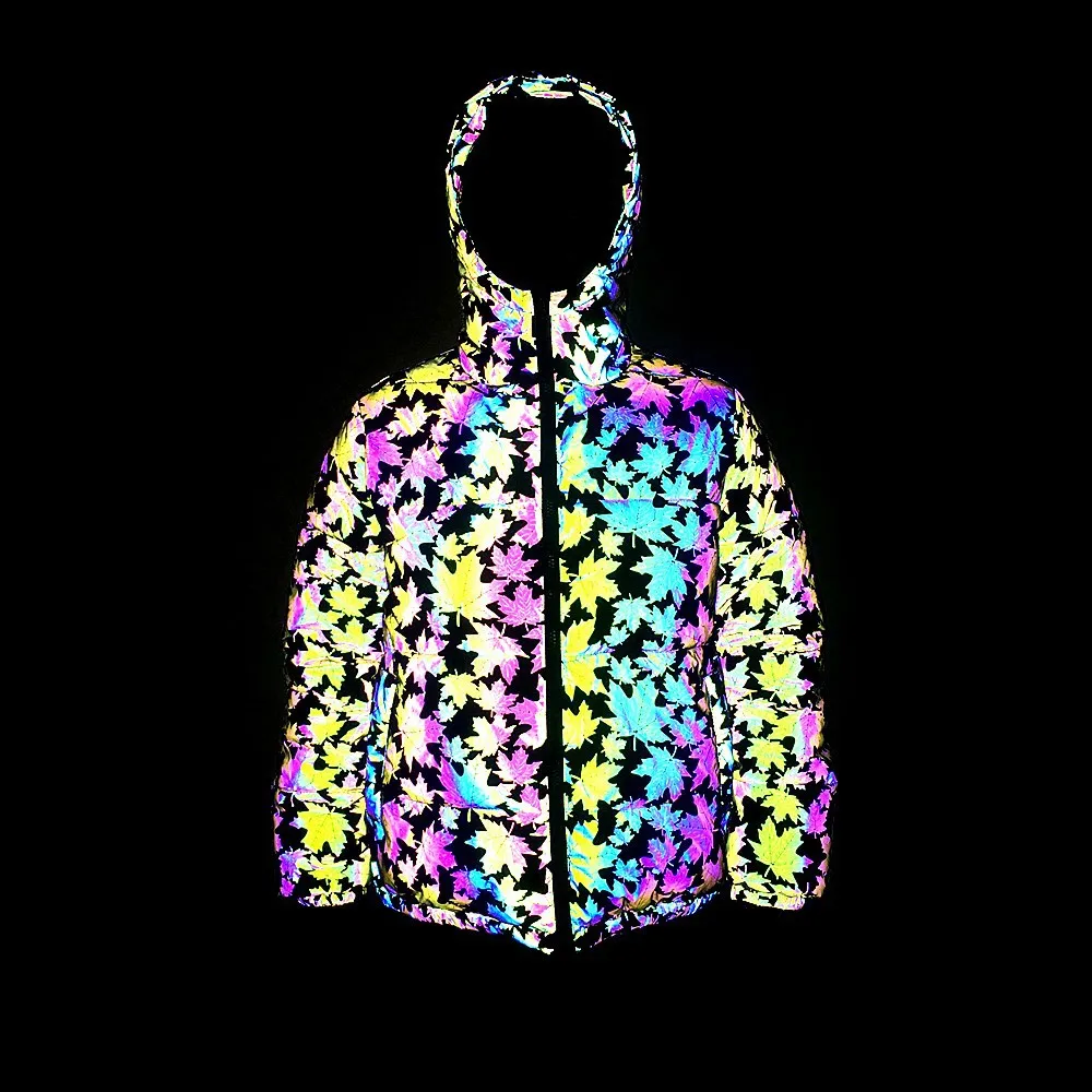 

Women's Coat Winter Reflective Luminous Polyester Down Jacket For Young Women Maple leaf Print Parkas Hooded Female Clothing