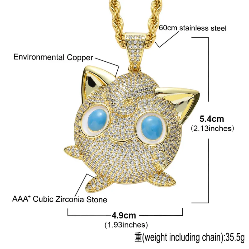 

Full Cubic Zircon Jigglypuff Pendant Necklace Men'S Hip Hop Rock Jewelry Crystal Iced Out Cartoon Figure Necklaces