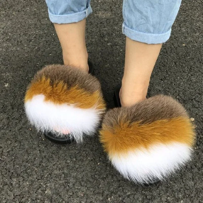 

Summer Women Fox Fur Slippers Real Fur Slides Female Indoor Flip Flops Casual Raccoon Fur Sandals Fluffy Plush Shoes Wholesale