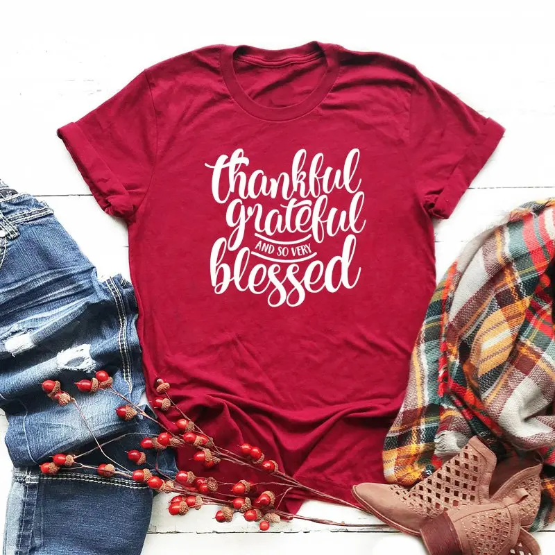 red-white text Благодарная и очень футболка с надписью Blessed, Женская Осенняя Праздничная футболка на День Благодарения, Винтажная футболка унисекс с изображением христианских героев - Цвет: red-white text