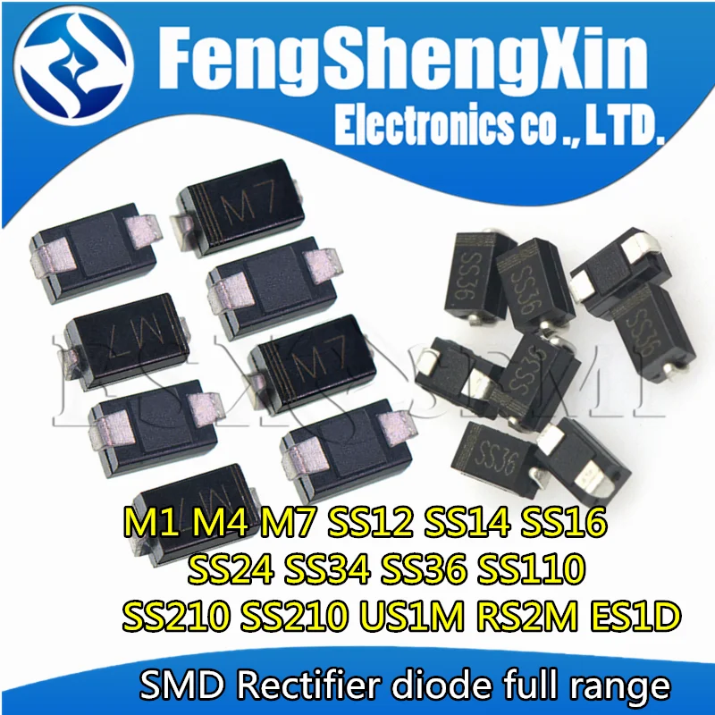

100pcs SMA Rectifier diode M1 M4 M7 SS12 SS14 SS16 SS24 SS34 SS26 SS36 SS110 SS210 SS210 US1M RS2M RS1M ES1D 1N4007 DO-214AC