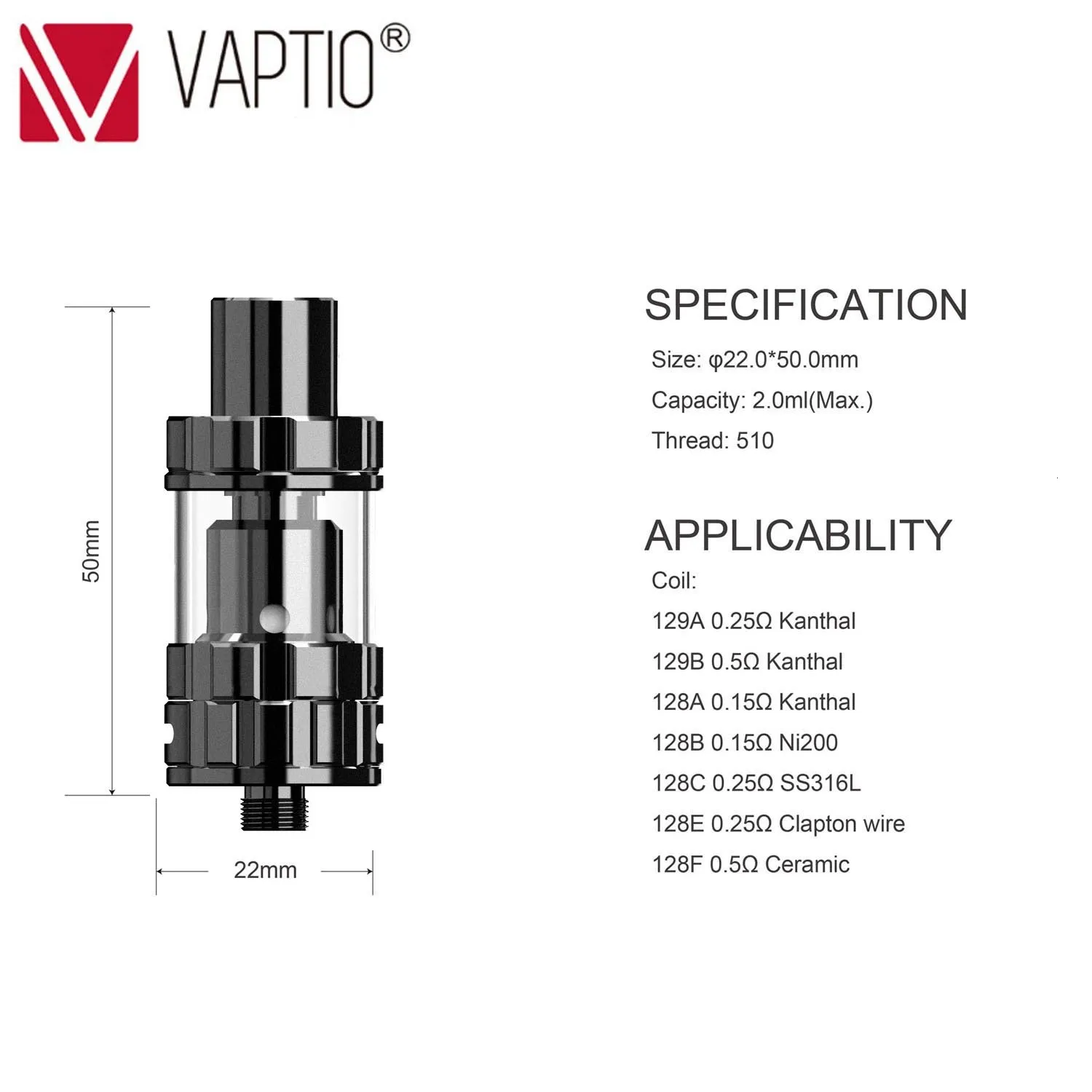 Оригинальный атомайзер VAPIO PT1/P1 TF емкостью бака 2 мл с капельным наконечником 510