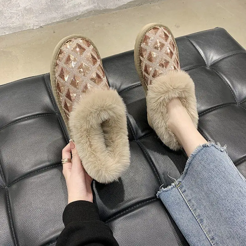 

Oraqwlj Cotton Shoes Women Winter New Warm Short Boots non-slip Plus velvet Bread Shoes Sequins Plush Shallow Mouth Snow Boots