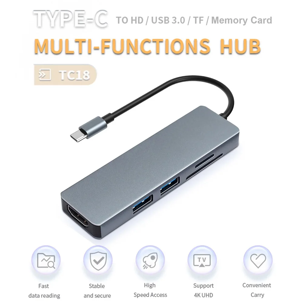 

5 in 1 Multifunctional Type C USB Hub Adapter USB C to HD USB3.0 TF Card Reader HD Converter for Laptop