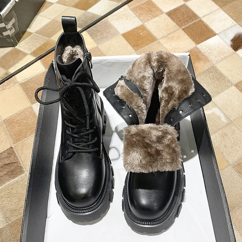 

Leather Warm Shoes Femme Botas De Mujer Winter Platform Motorcycle Boots Women Zipper Thicked Plush Ankle Boots Woman Thick Sole