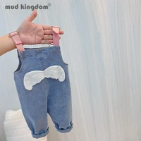 mudkingdom girl denim overalls solid angel wings pocket jeans pants kids casual trousers for children clothing spring autumn