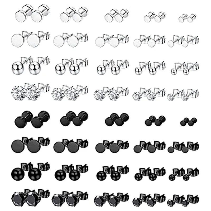 

40 Pairs Silver Black Stainless Steel Stud Earrings Men's and Women's Zircon Round Earrings Pierced Set 2-6mm