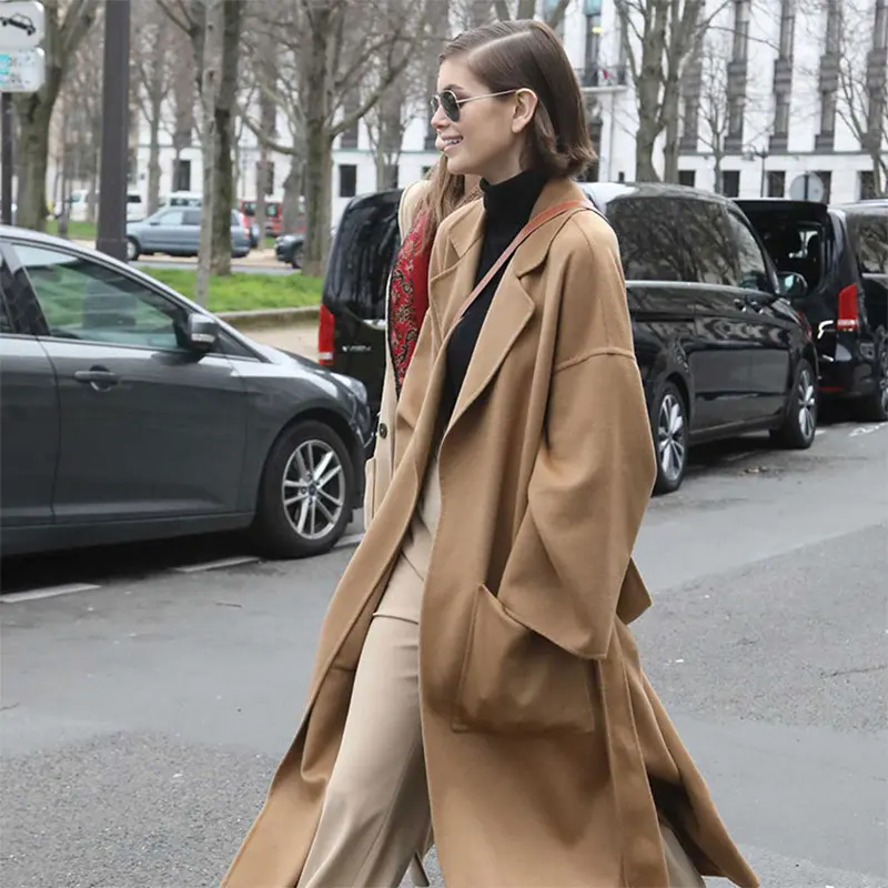 

Women's Handmade Suit Collar Belted Cashmere Coat Pure Color Woolen Coat Autumn and Winter Long Cashmere Coat