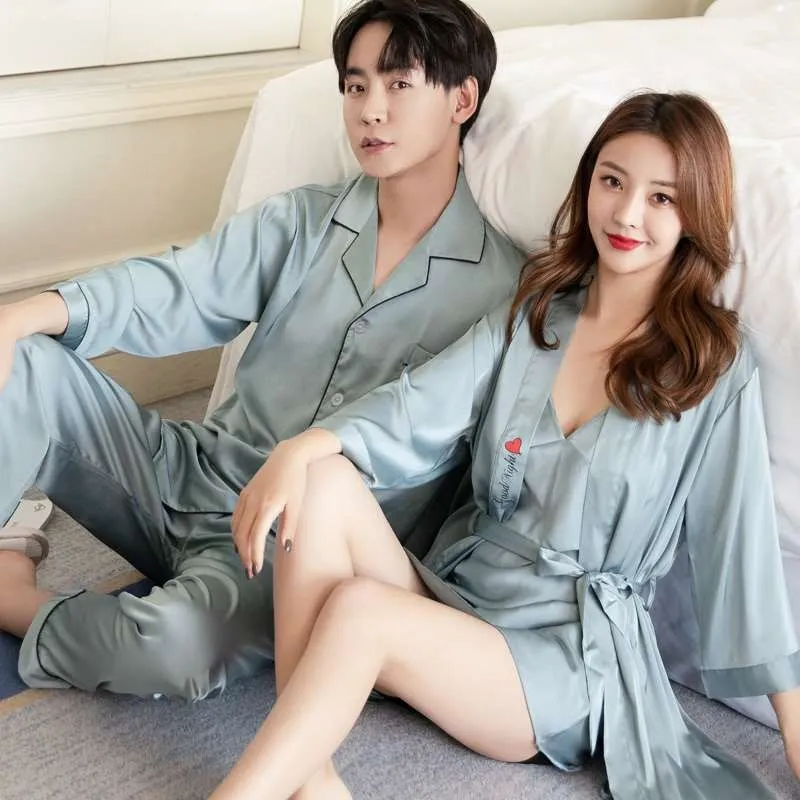 Autumn Men Pajamas Set Sleeping Gown Long Sleeve Nightgown Couple Lovers Pajamas 2pcs Plus Size Leisure Loose Pyjamas Wedding