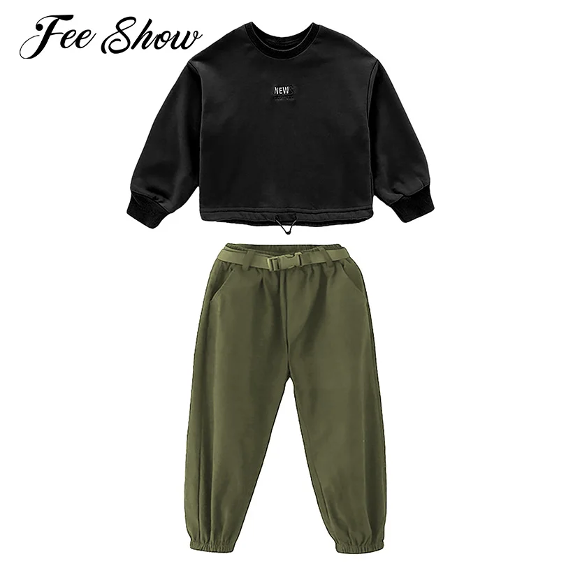 

Fashion 2Pcs Kids Girls Fashion Sport Outfit Children's Clothes Long Sleeves Drawstring Sweatshirt and Dungarees Cargo Pants Set