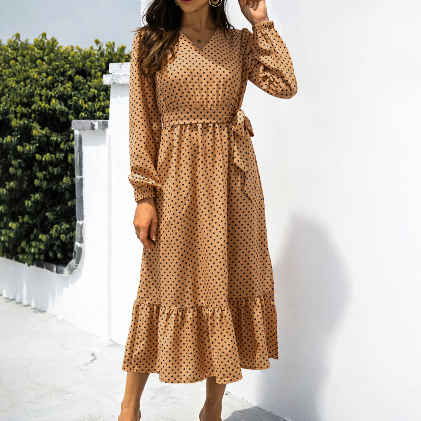 

Polka Dot Print Maxi Dress Women Long Sleeve V-neck Boho Dress Casual Shirt Dresses Robe Summer Elegant Dresses For Women
