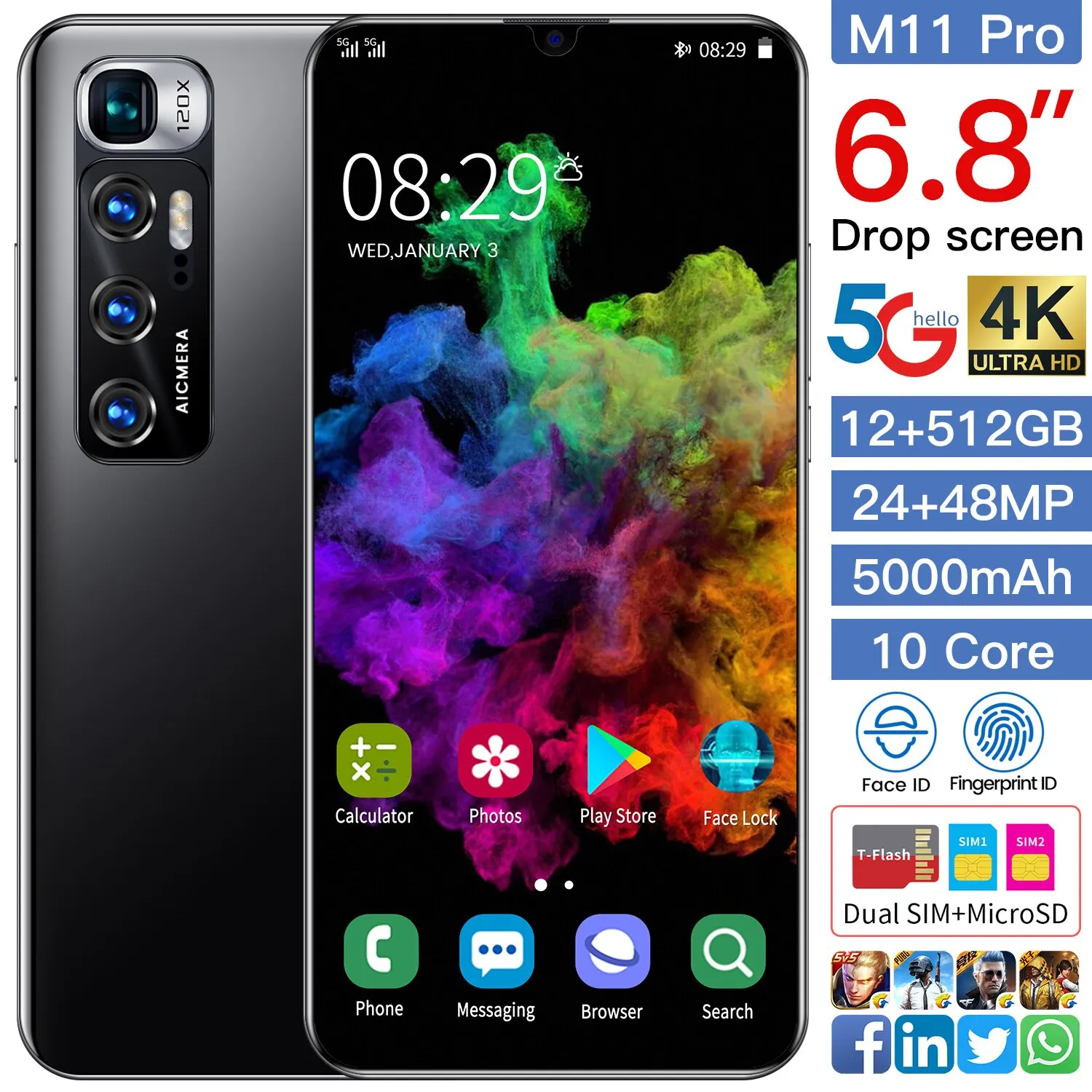 Tel&eacute;fono M&oacute;vil M11 Pro versi&oacute;n Global, Smartphone de 6,8 pulgadas, 12 + 512GB, 24 + 48MP, 5000mAh, doble tarjeta y doble modo de reposo-1