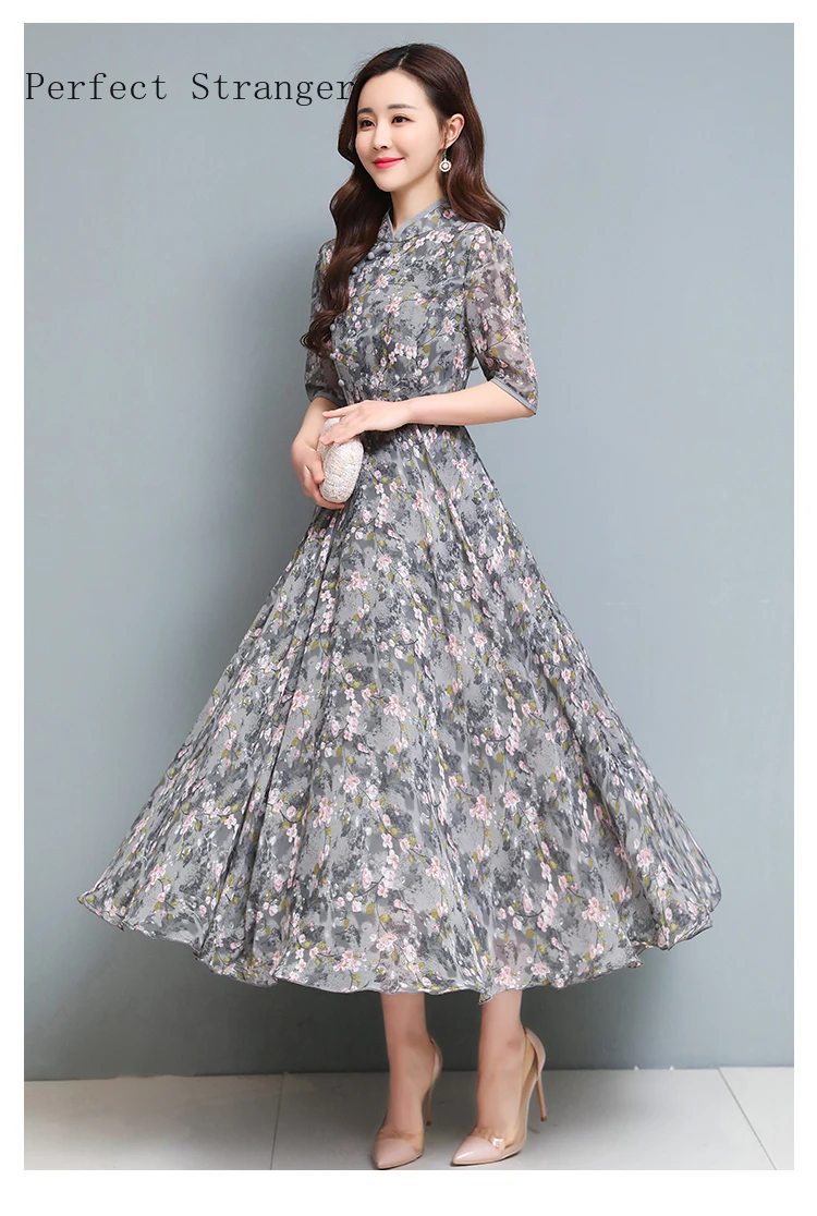 

High Quality Plus Size M-4XL Spring Summer New Arrival Stand Collar Flower Printed Half Sleeve Woman Long Chiffon Dress