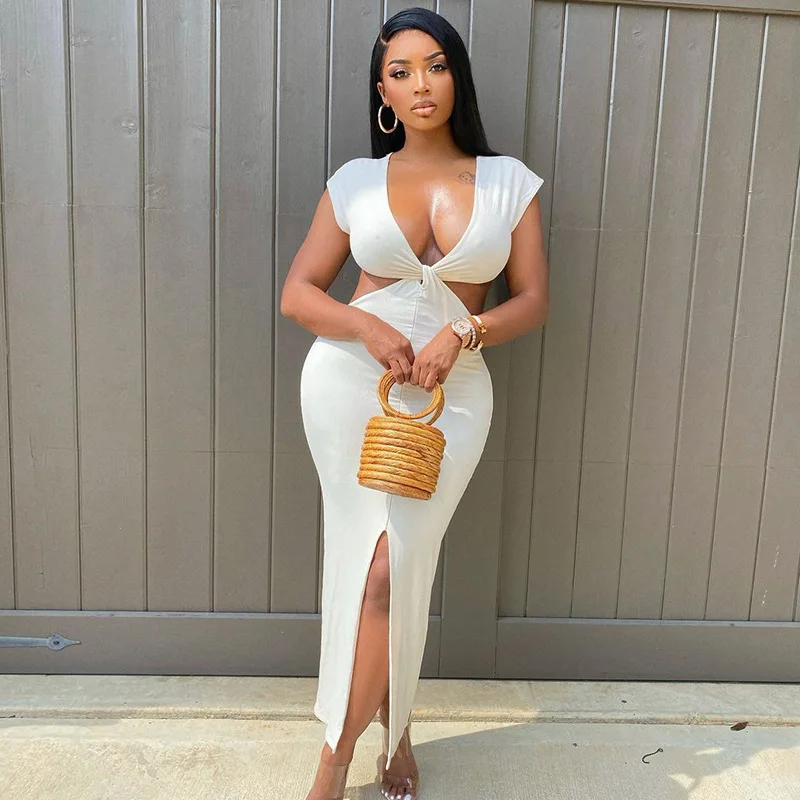 

Женское облегающее платье с V-образным вырезом, Летнее Длинное ажурное платье с лямкой на шее и разрезом, 2021