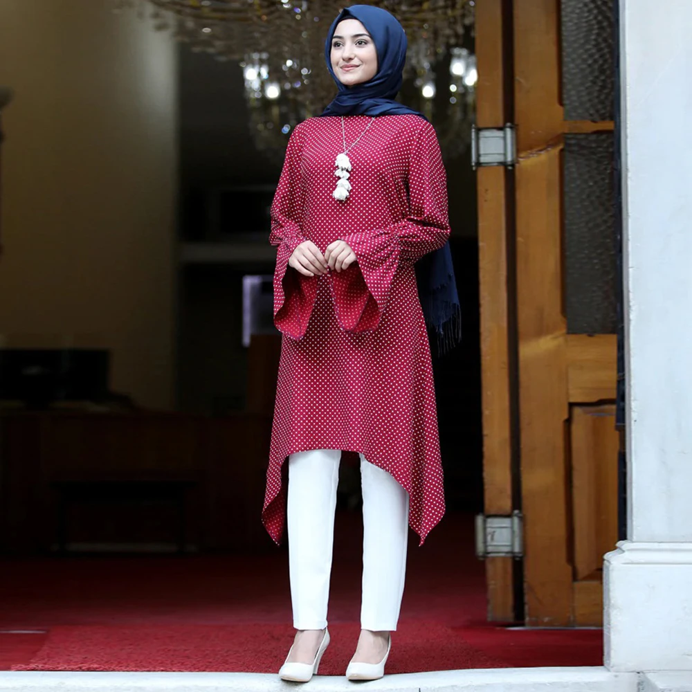 Блузка Женская Асимметричная до колен в горошек с длинным рукавом|Мусульманская