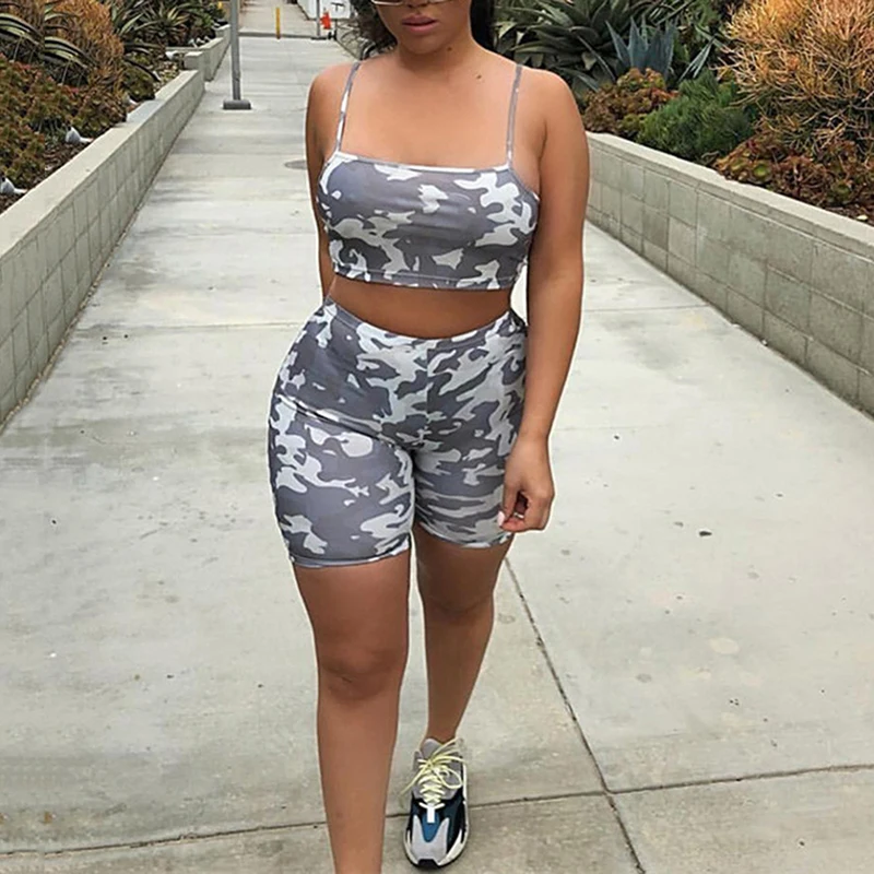 Летний короткий спортивный костюм с камуфляжным принтом повседневная одежда из