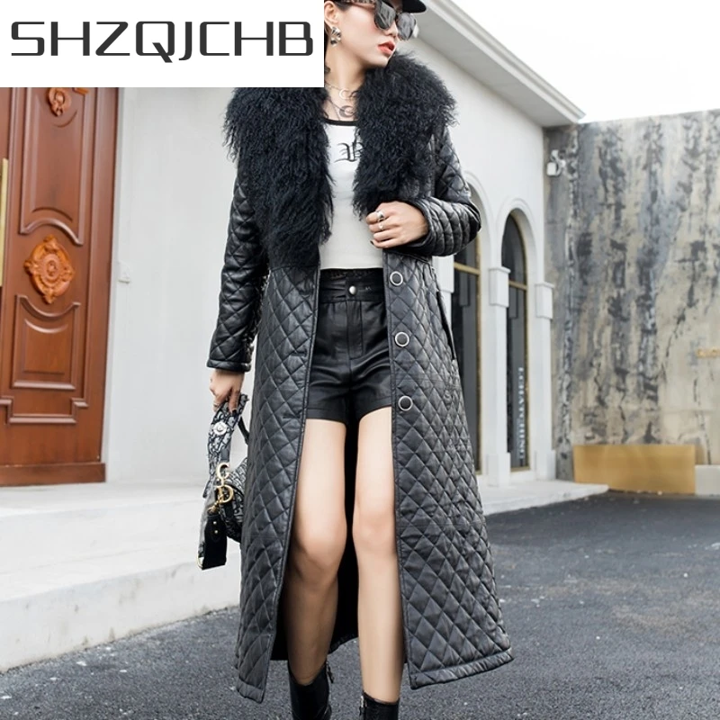 

JCHB 2021 High Quality Wool Collar Genuine Leather Jacket Women Long Trench Coat Belted Slim Fit Office Ladies Winter Thick Warm