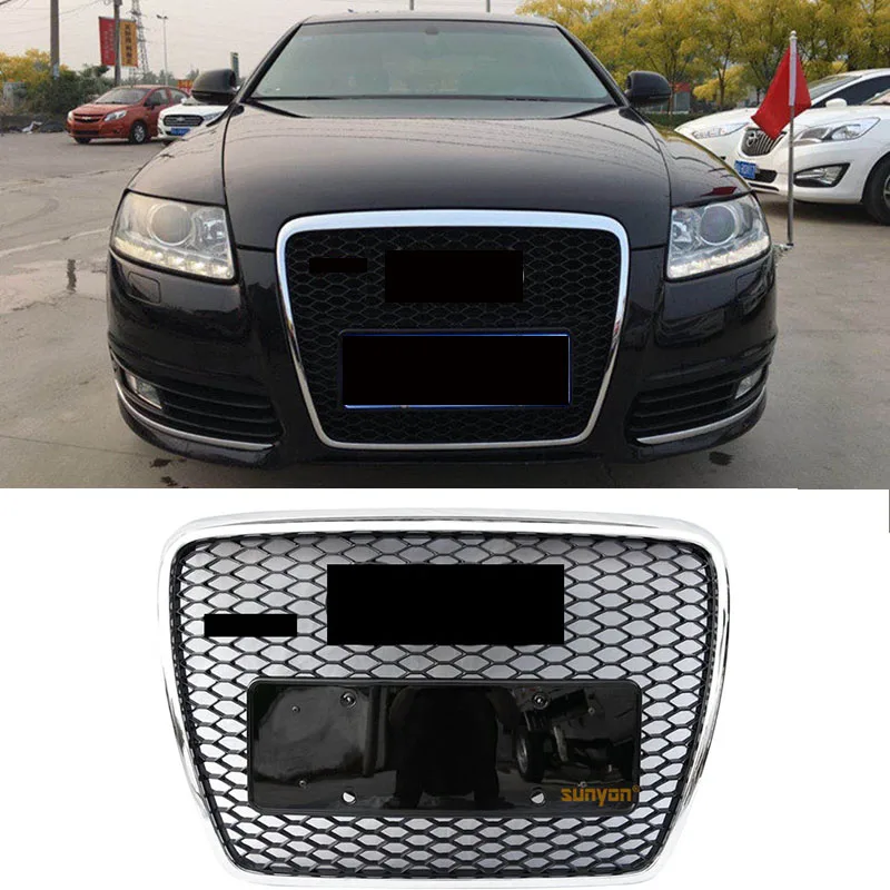 

Решетка-бампер для Audi A6 S6 2006-2011 в виде сот, стиль RS6, черная/серебристая отделка