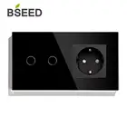 Сенсорный выключатель BSEED 2 Gang 1 Way, с европейской стандартной розеткой, черный, белый, золотой, переключатель из хрустального стекла, 3 цвета