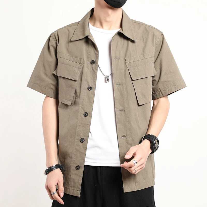

2020 Summer Casual Shirt Men Short Sleeve Cotton Cargo Solid Mens Shirts