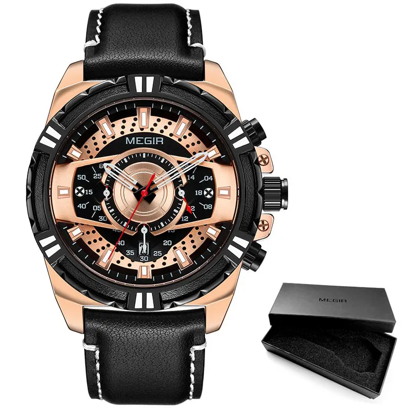 ML2118G-Rose MEGIR Мужские кварцевые часы Новые Роскошные Топ брендовые Хронограф военные спортивные кожаные Наручные часы мужские часы 2118 розовые - Цвет: ML2118G-Rose