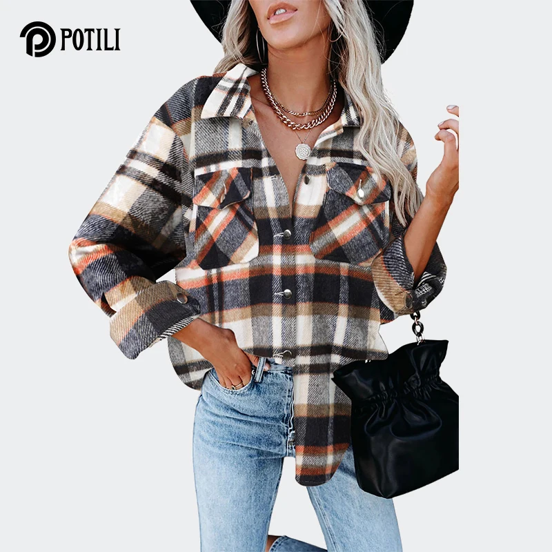 

POTILI Fall Long Plaid Jacket Women Coat Turn-down Collar Winter Checkered Jacket Female Single Breasted Shirt Jacket For Women