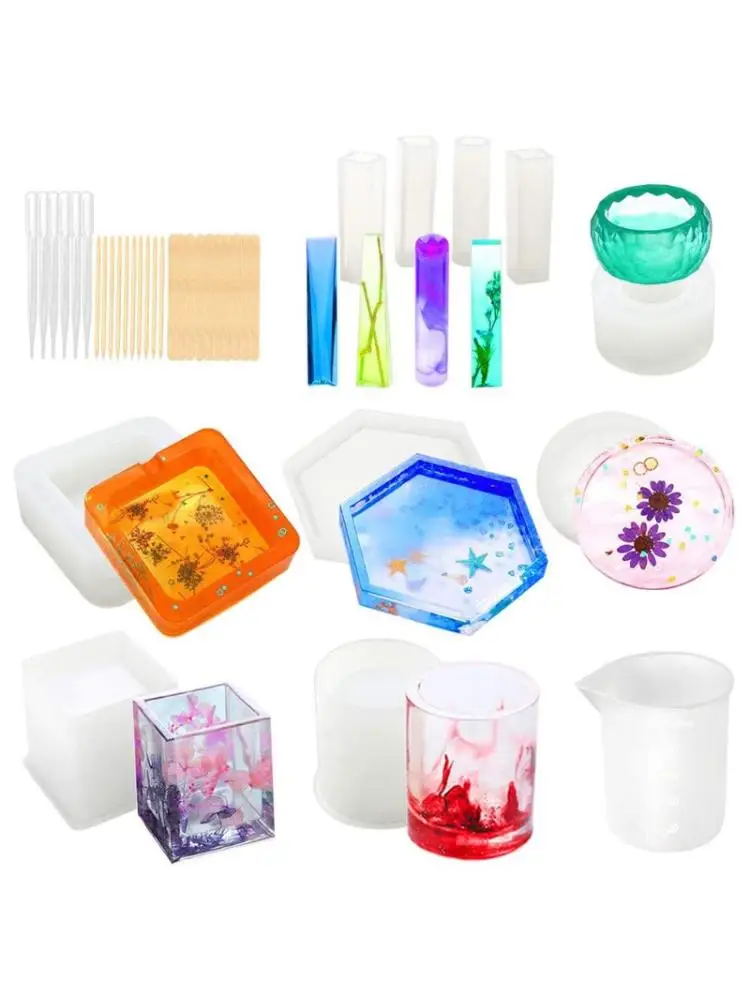 

41Pcs DIY Coaster Cup Pen Soap Candle Holder Ashtray Flower Pot Resin Molds Kit X7YA