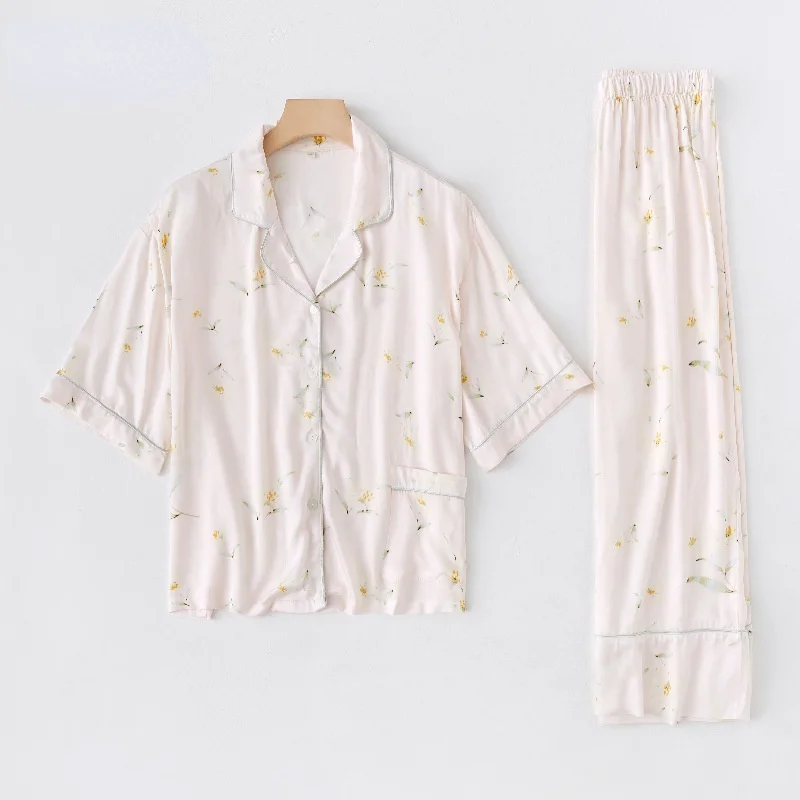 

National Style Yellow Lily Flower Printed Sweet Viscose Front Button Short Sleeve Long Trousers Sleepwear Women Cotton Pijama