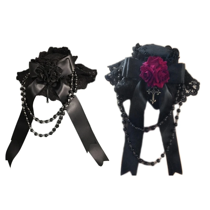 

Girls Gothic Headdress Lace Top Hat Ribbon Bows Lolita Flower Bowknot Headwear Vintage Royal Style Halloween Headpiece