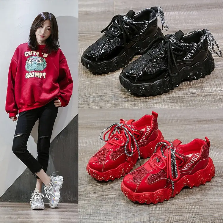 

2020 women's autumn new thick bottom letter leather stitching shallow sneakers breathable increased anti-slip wear shoes