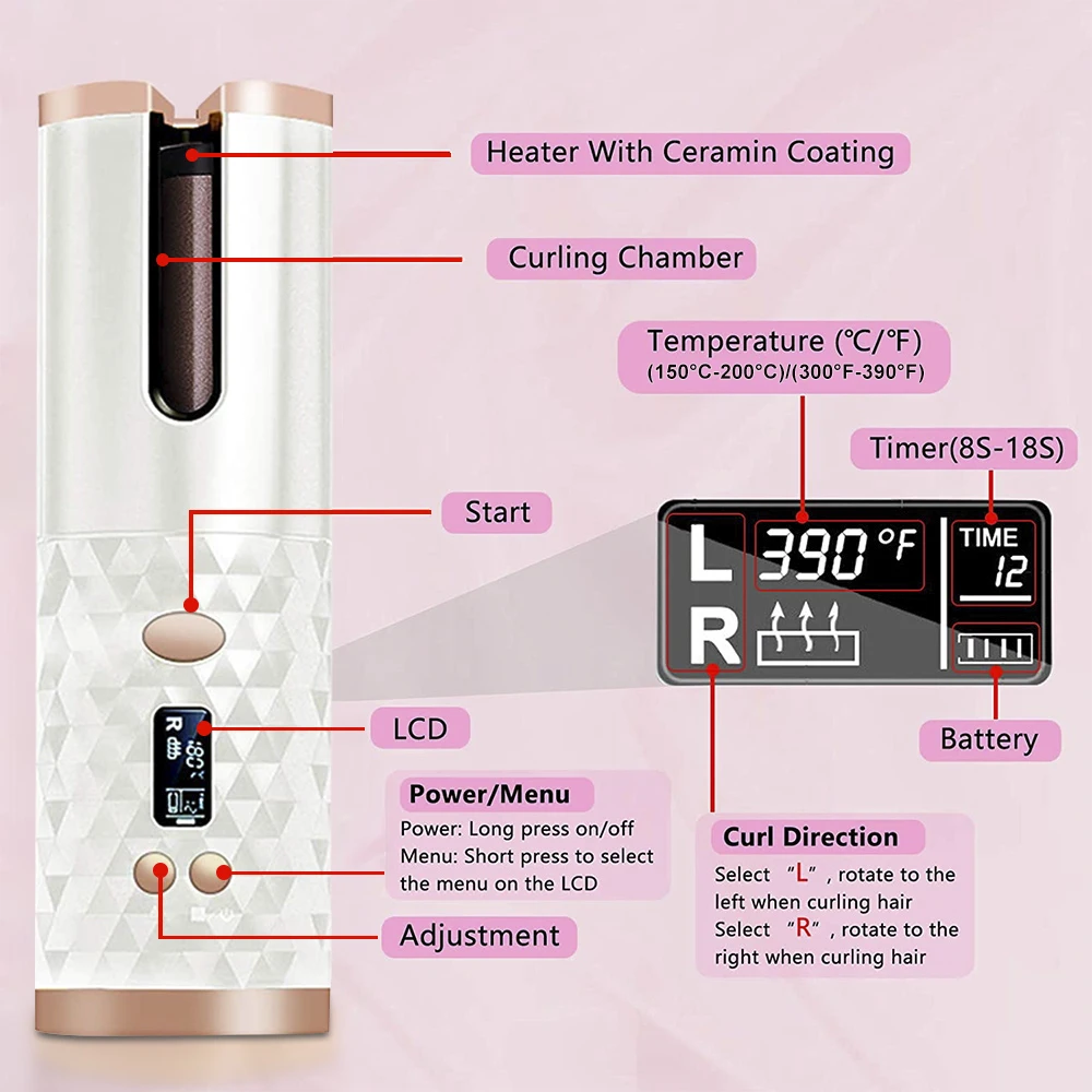 

Cordless LCD Display Automatic Hair Curler Corrugation for Hair Curling Iron Curls Waves Ceramic Curly Rotating Styler Women