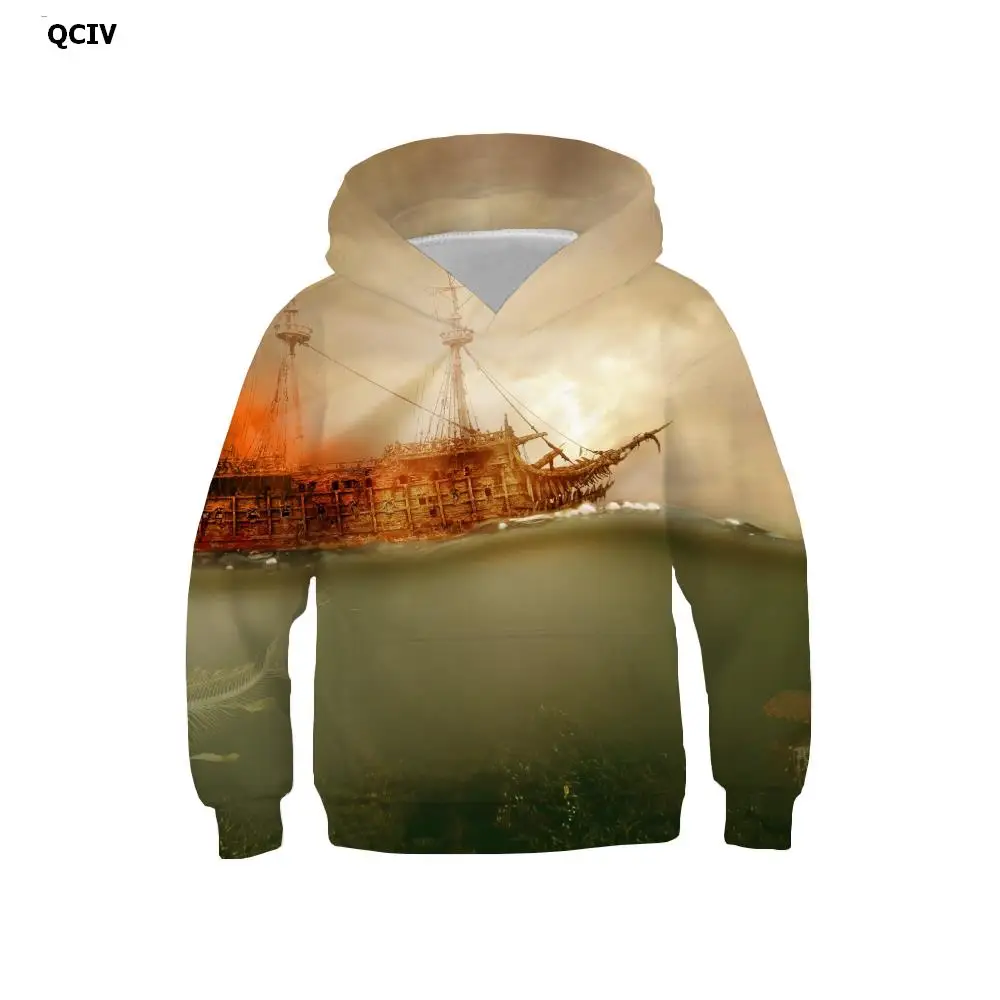 

3d толстовки QCIV, худи с пиратским принтом, Детская толстовка с капюшоном с парусом, худи с принтом океана, с длинным рукавом, зимний карман в с...