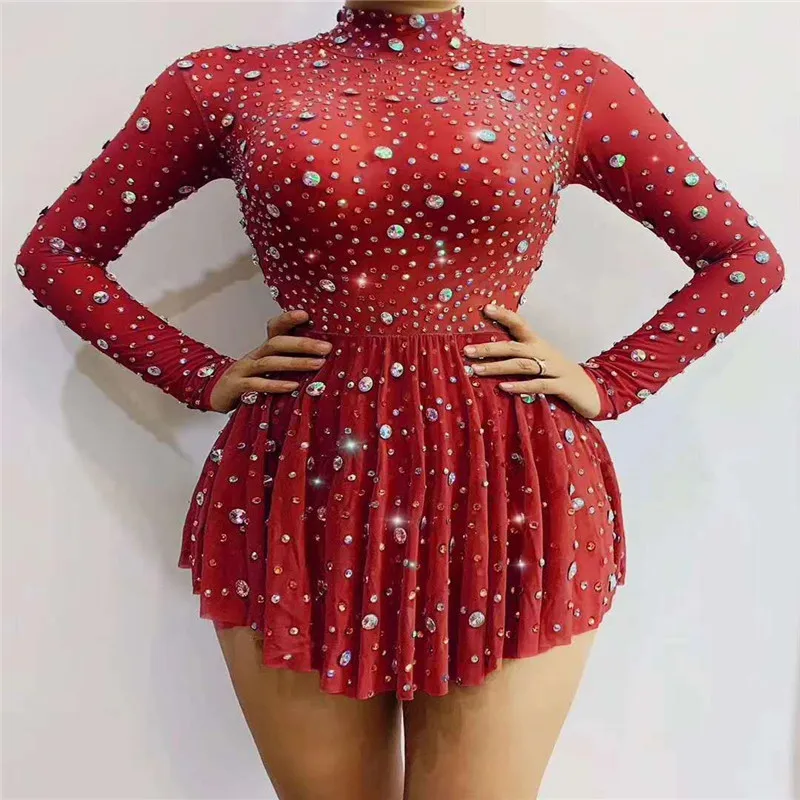 

Q162 Tight Bodysuit Diamond Gem Model Stage Show Party Elastic Stretched Leotard Siamese Long Sleeves Pole Dancer Singer Club Dj